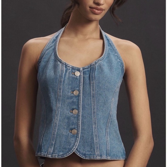 Anthropologie's Mare Mare Halter Shrunken Denim Vest in light wash - Picture 2 of 6